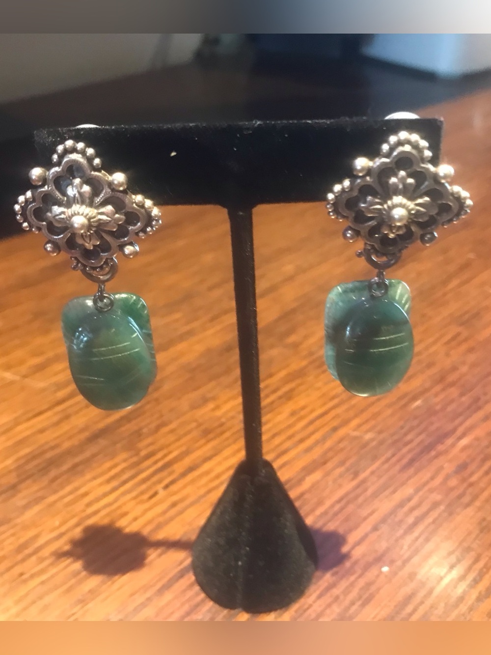 Stephen Dweck Green Stone Drop Earrings with Silver Floral Caps